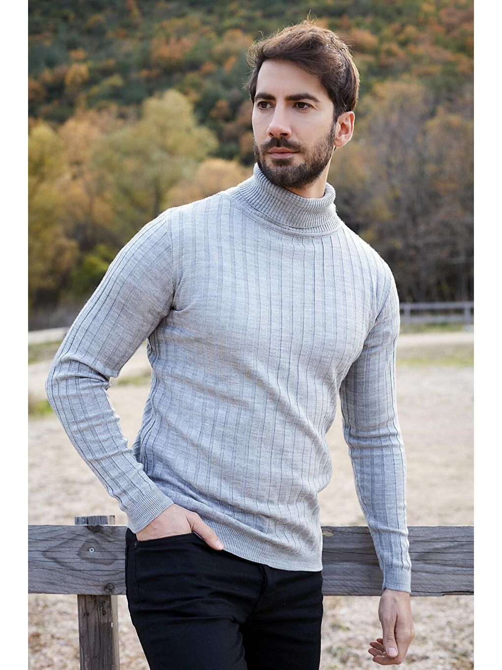 Gri Fitilli Balıkçı Yaka Slim Fit Kazak 549T014