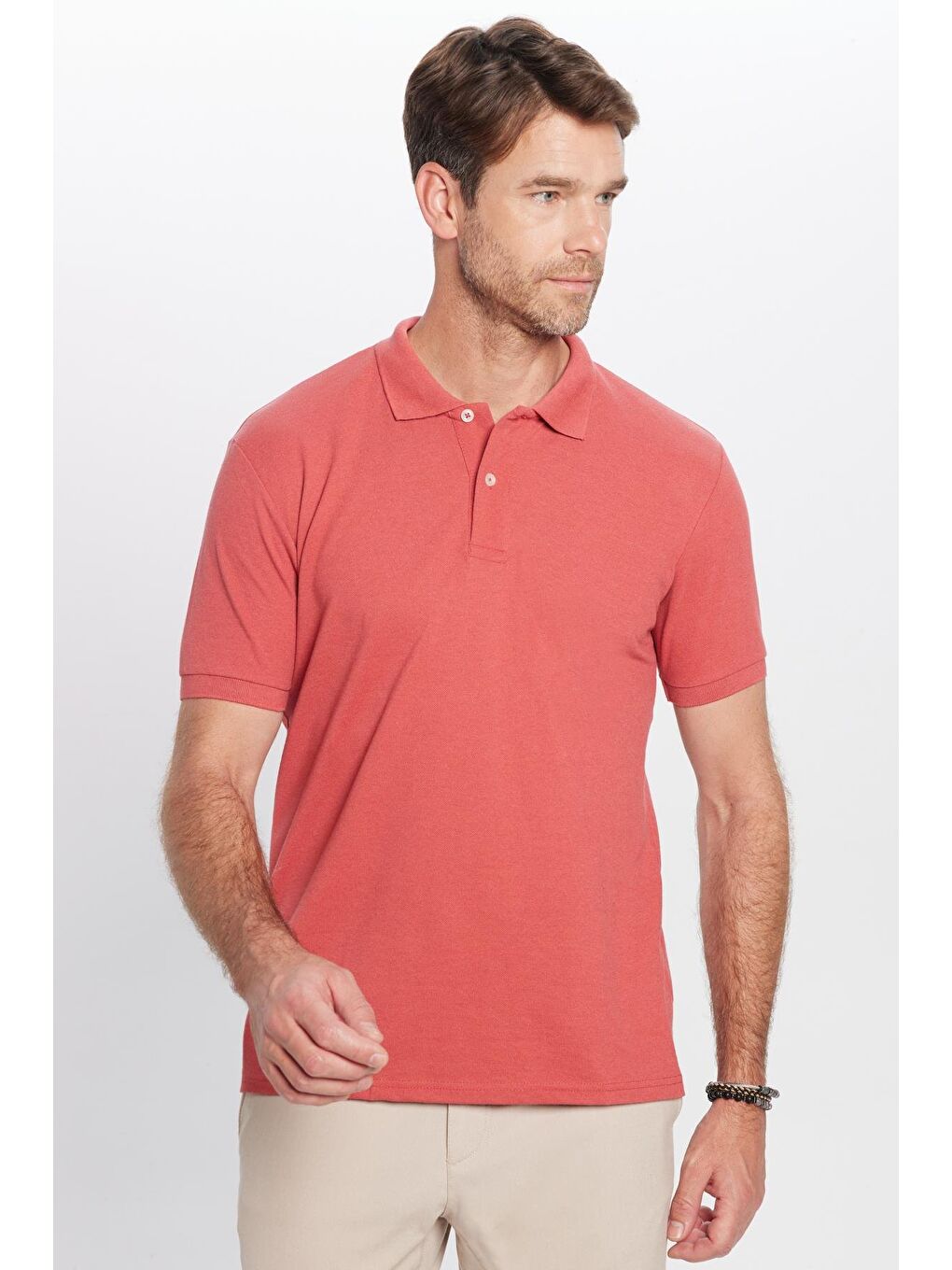 TUDORS Kahverengi Erkek Slim Fit Dar Kesim Pamuklu Yumuşak Dokulu Serin Tutan Kumaş Düz Kiremit Renk Polo Yaka Tişört - 1