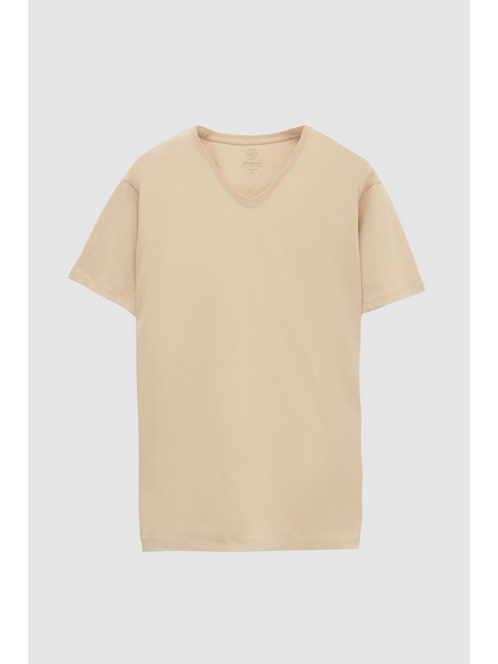 Slim Fit Bej V Yaka %100 Pamuk Tişört-4
