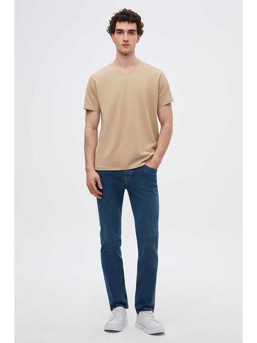 Slim Fit Bej V Yaka %100 Pamuk Tişört-5