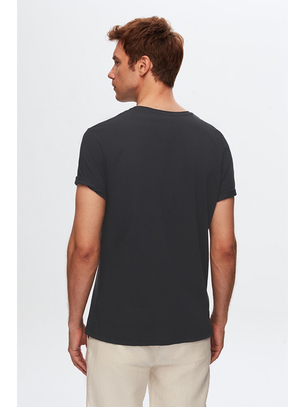 Slim Fit Antrasit V Yaka %100 Pamuk Tişört-3