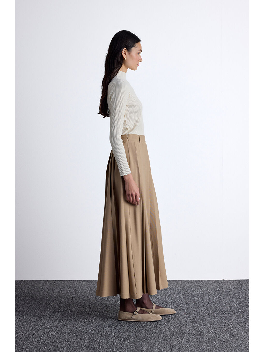 Kahverengi Geniş Pileli Etek Camel-6