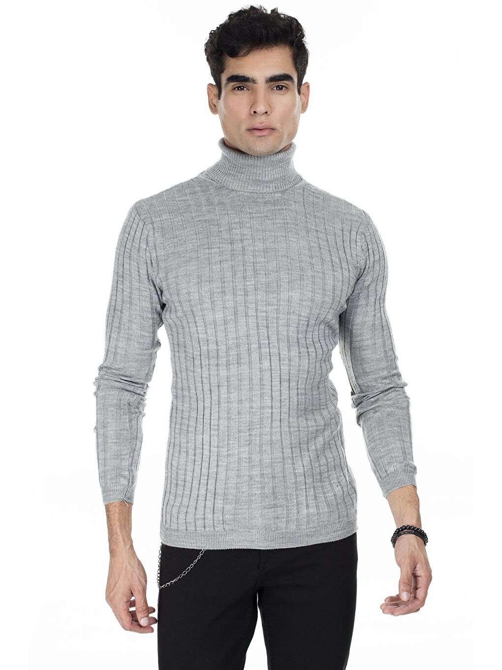 Gri Fitilli Balıkçı Yaka Slim Fit Kazak 549T014-2