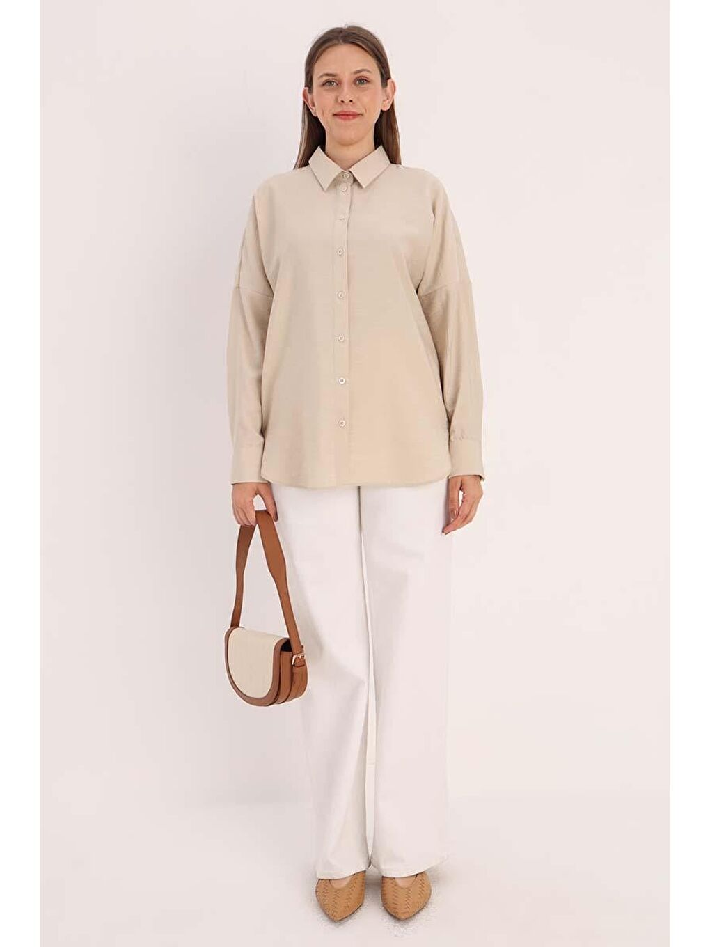 Bej Oversize Basic Gömlek-1