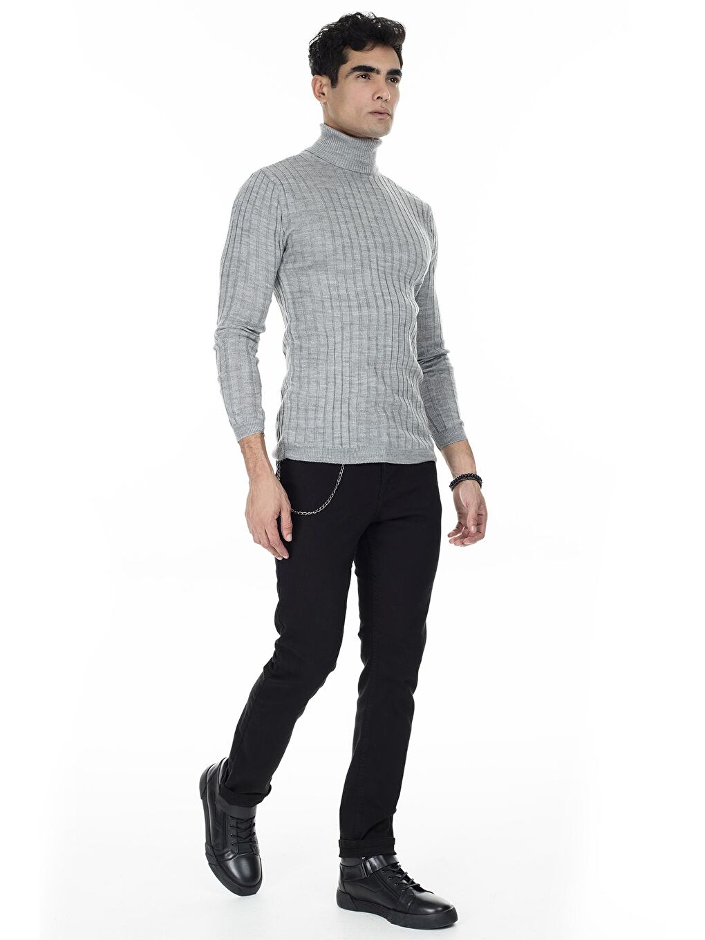 Gri Fitilli Balıkçı Yaka Slim Fit Kazak 549T014-3