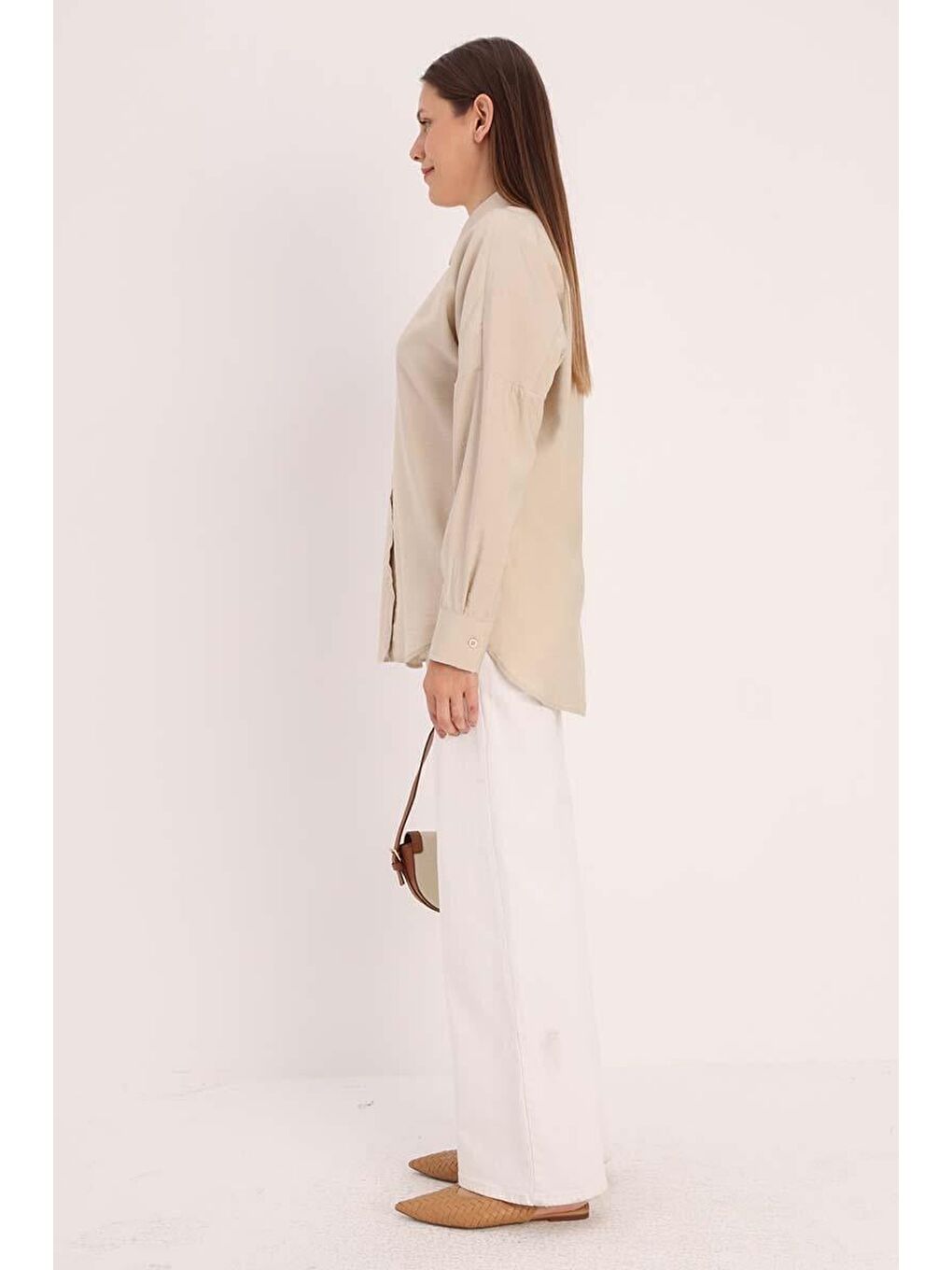 Bej Oversize Basic Gömlek-2