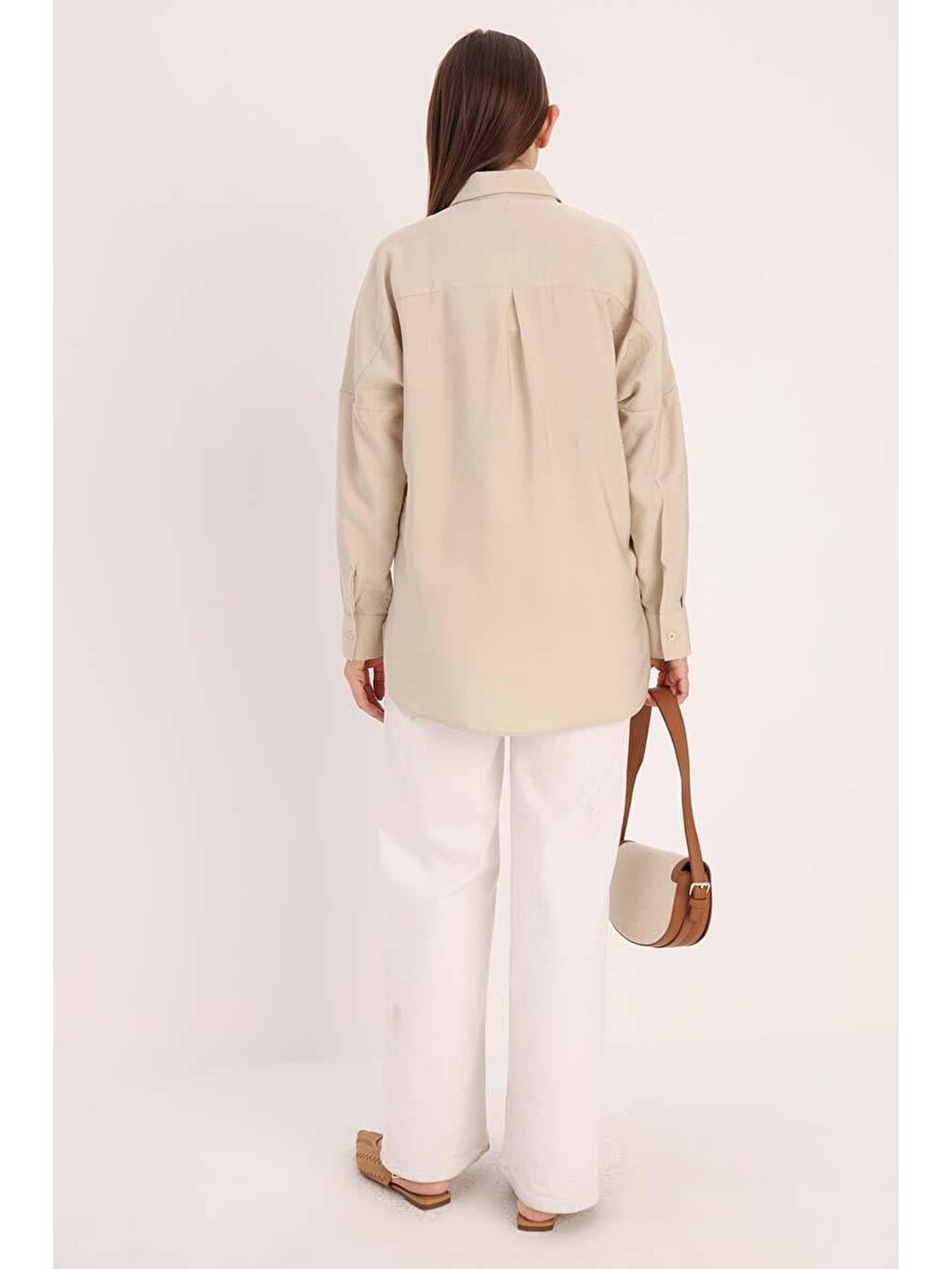 Bej Oversize Basic Gömlek-3