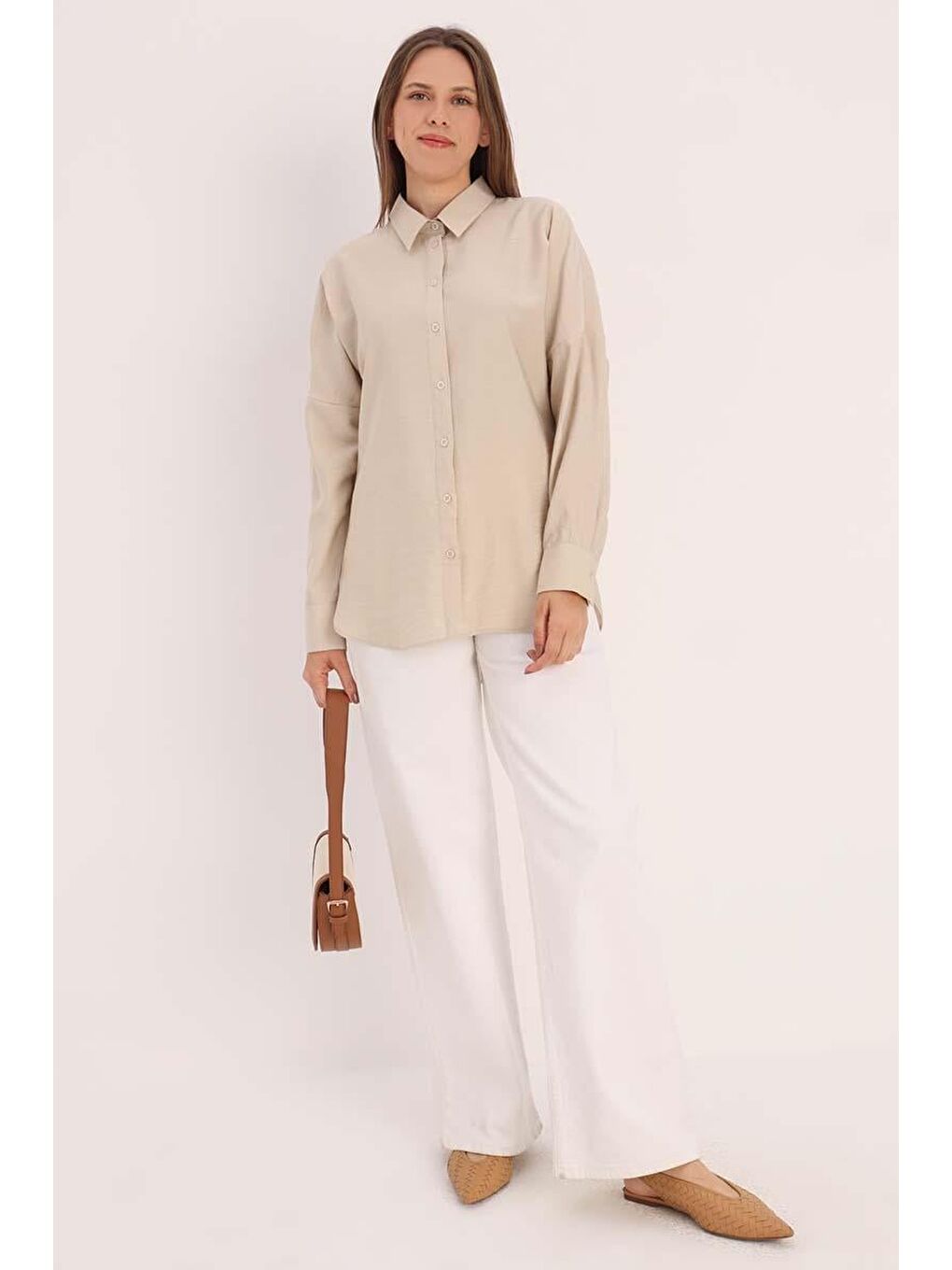 Bej Oversize Basic Gömlek-4