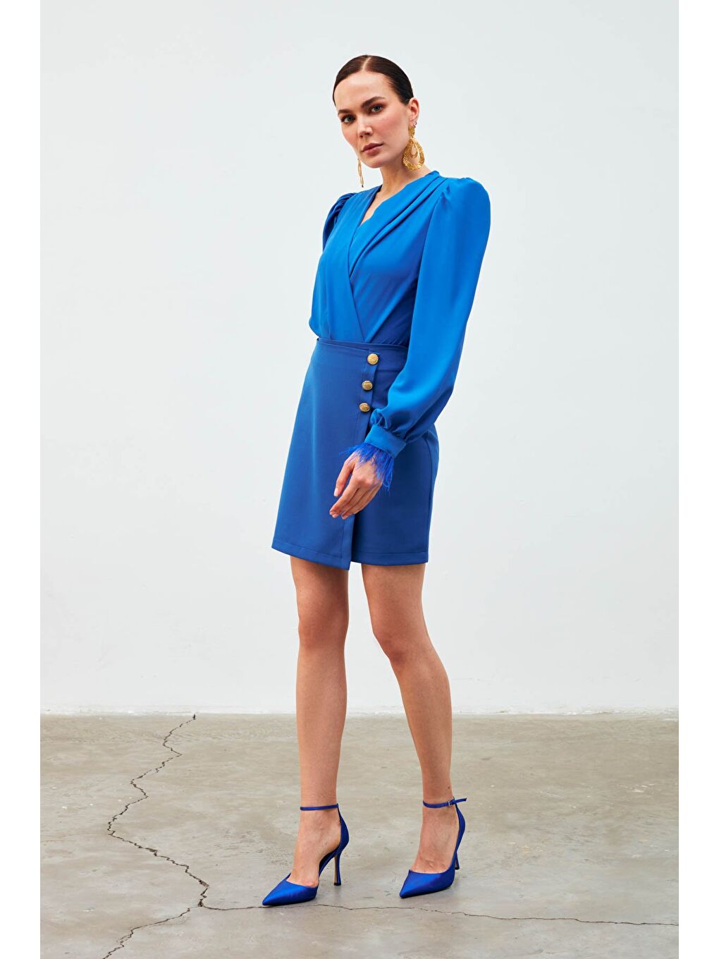 Kruvaze Düğme Detaylı Etek - İndigo-2