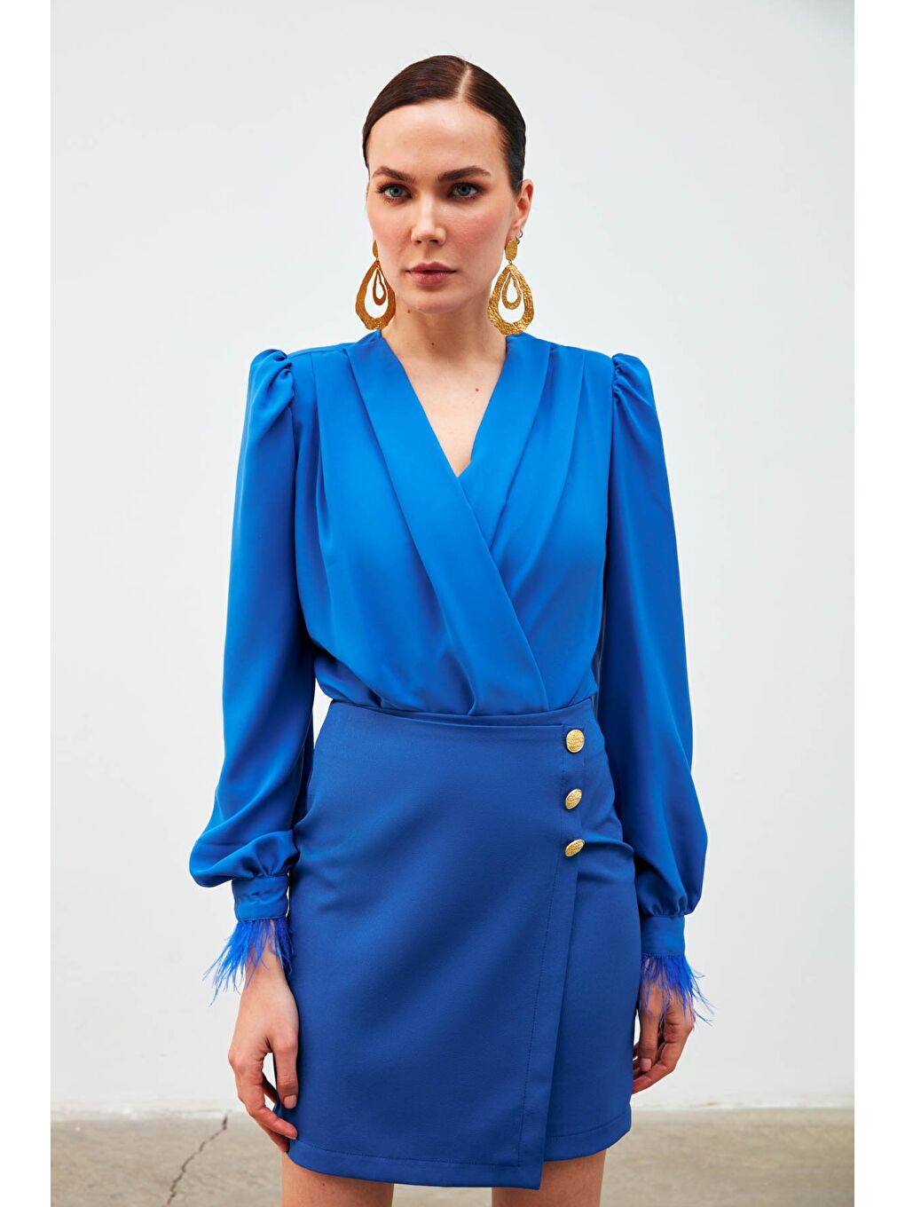 Kruvaze Düğme Detaylı Etek - İndigo-3