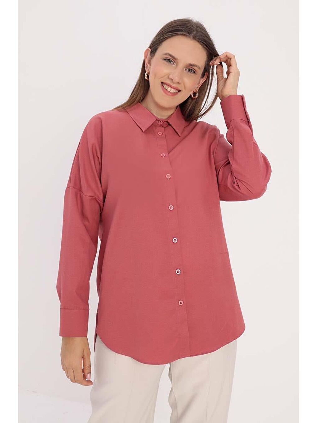 Pembe Gül Oversize Basic Gömlek