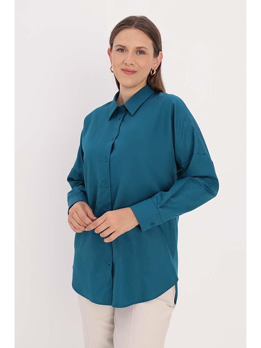 Açık Petrol Oversize Basic Gömlek