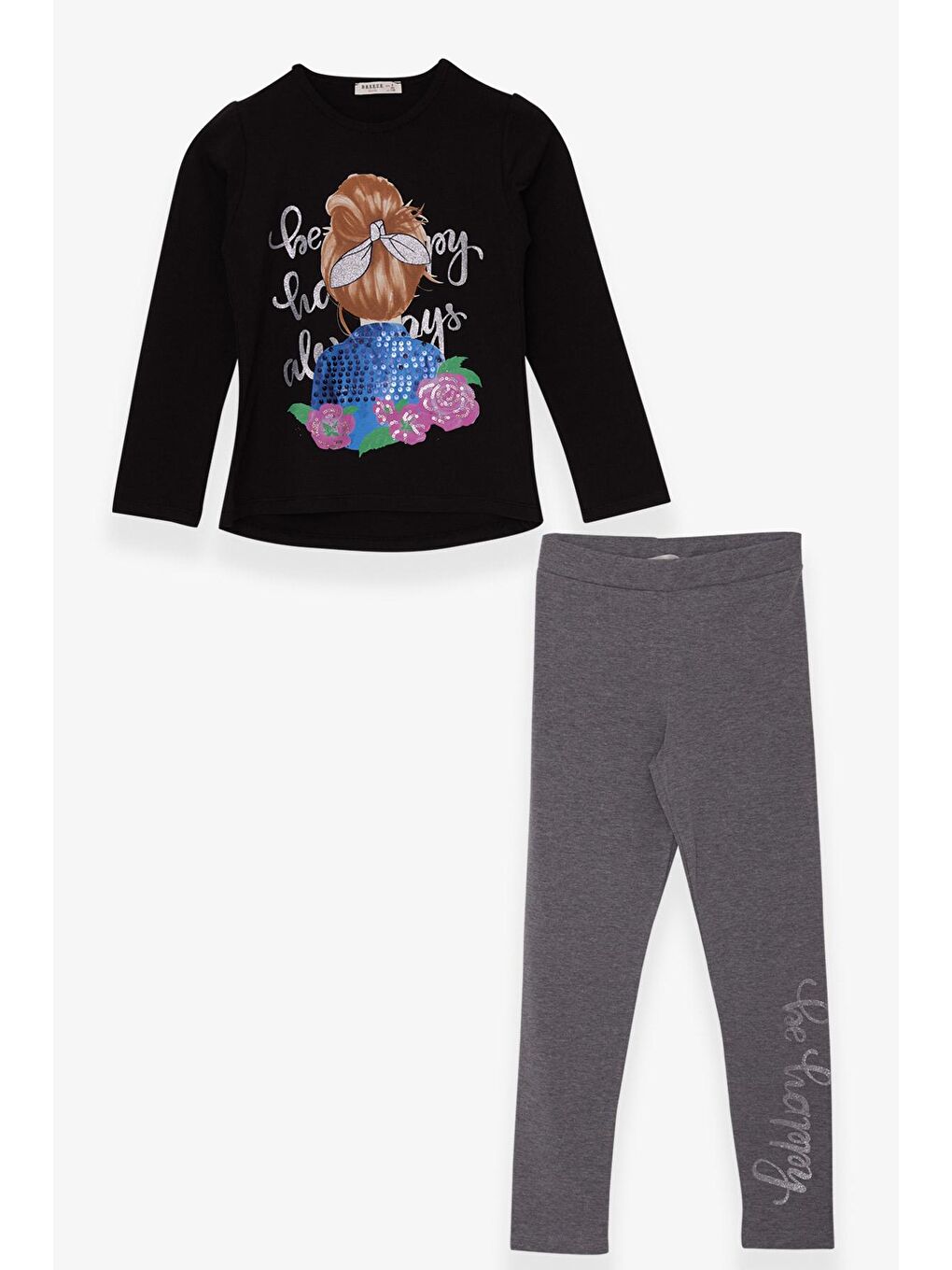 Kız Çocuk Taytlı Takım Pullu Çiçekli Kız Baskılı Siyah (8-11 Yaş)