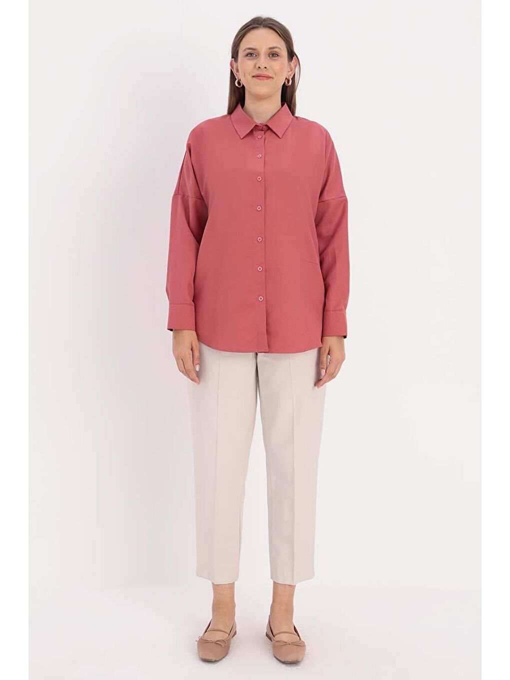 Pembe Gül Oversize Basic Gömlek-1