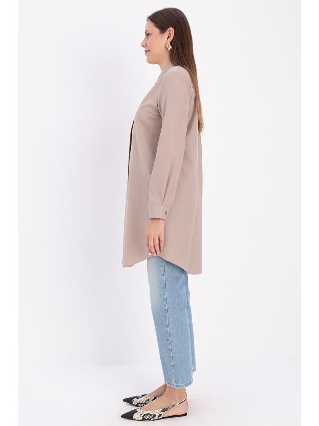 Bej Vizon Basic Gizli Patlı Gömlek Tunik-2