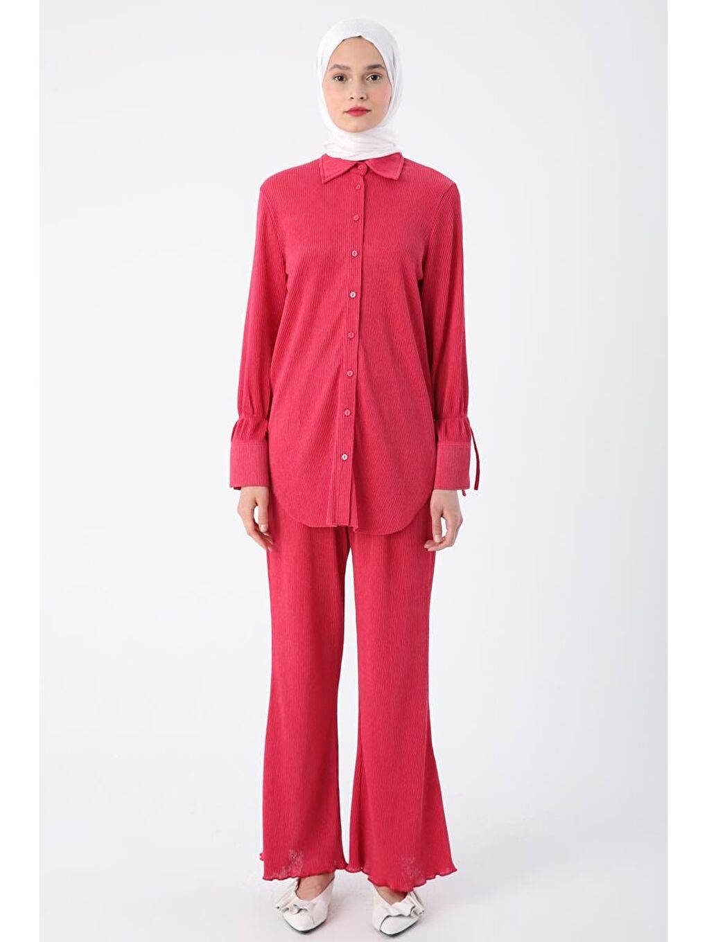 Fuşya Piliseli Kolları Bağcık Detaylı Gömlek Tunik-1