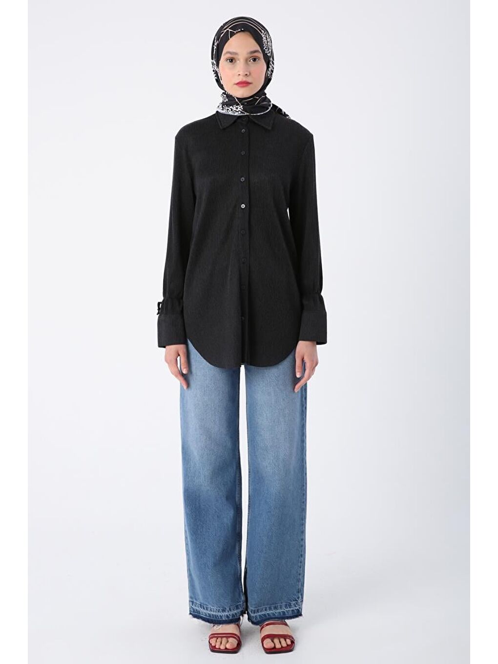 Antrasit Piliseli Kolları Bağcık Detaylı Gömlek Tunik-1