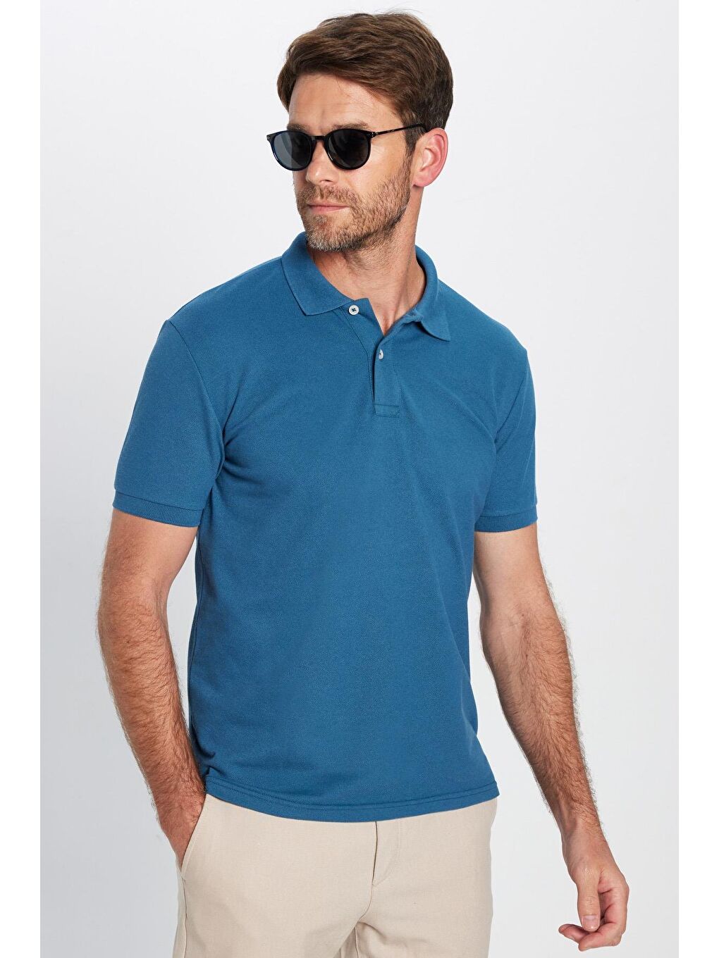 Erkek Slim Fit Dar Kesim Pamuklu Yumuşak Dokulu Serin Tutan Kumaş Düz Pike Petrol Polo Yaka Tişört-1