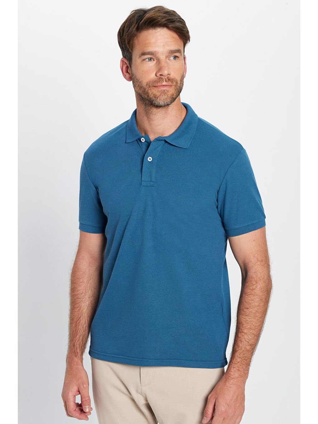 Erkek Slim Fit Dar Kesim Pamuklu Yumuşak Dokulu Serin Tutan Kumaş Düz Pike Petrol Polo Yaka Tişört-3