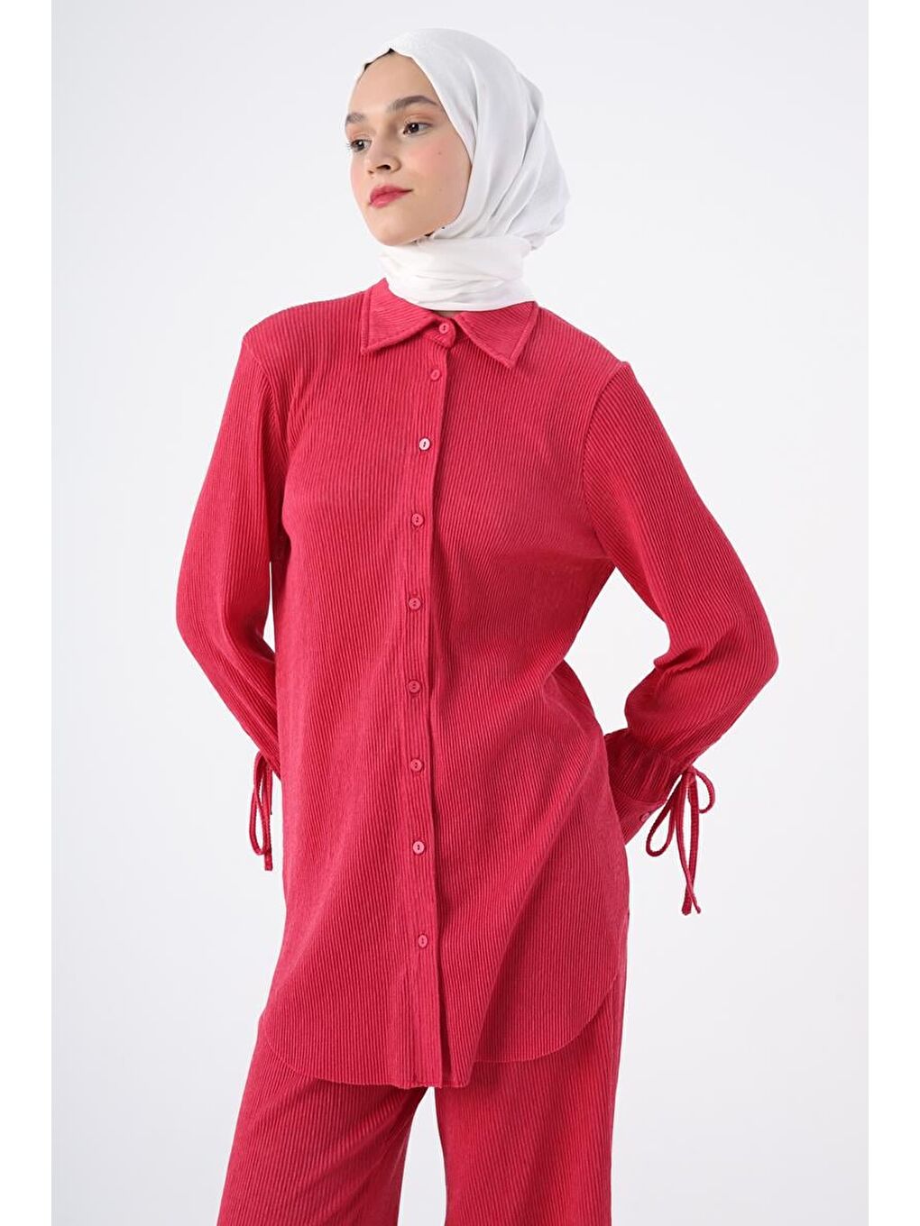 Fuşya Piliseli Kolları Bağcık Detaylı Gömlek Tunik-4