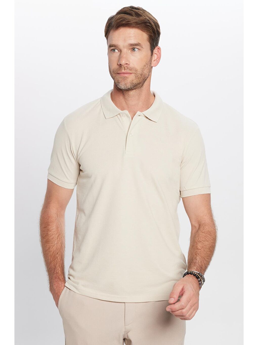 Bej Erkek Slim Fit Dar Kesim Pamuklu Yumuşak Dokulu Serin Tutan Kumaş Düz Pike Polo Yaka Tişört-1