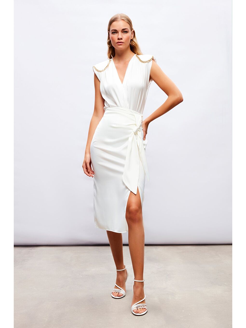 Bağlamalı Saten Etek - Ekru-1