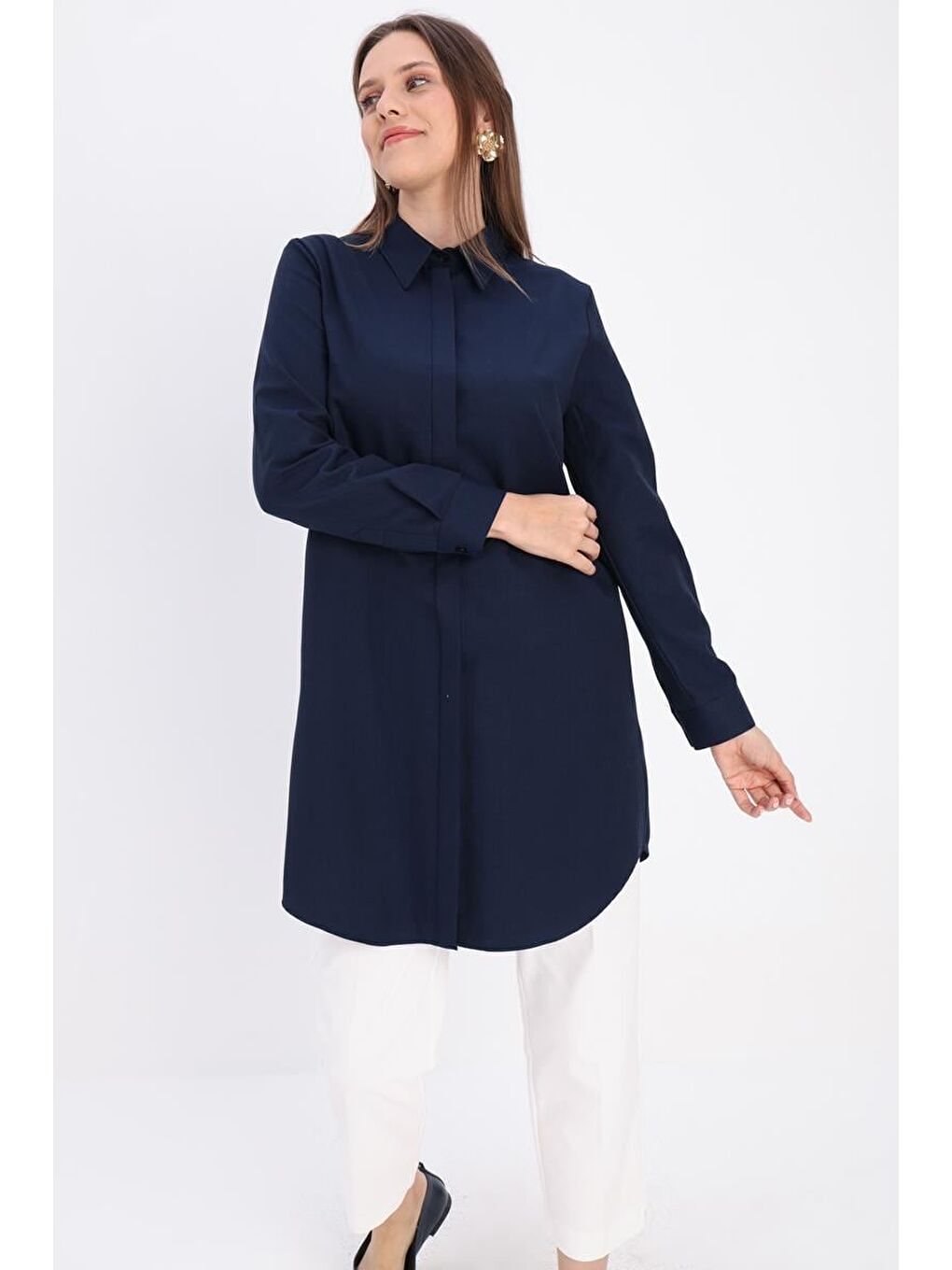 Lacivert Basic Gizli Patlı Gömlek Tunik