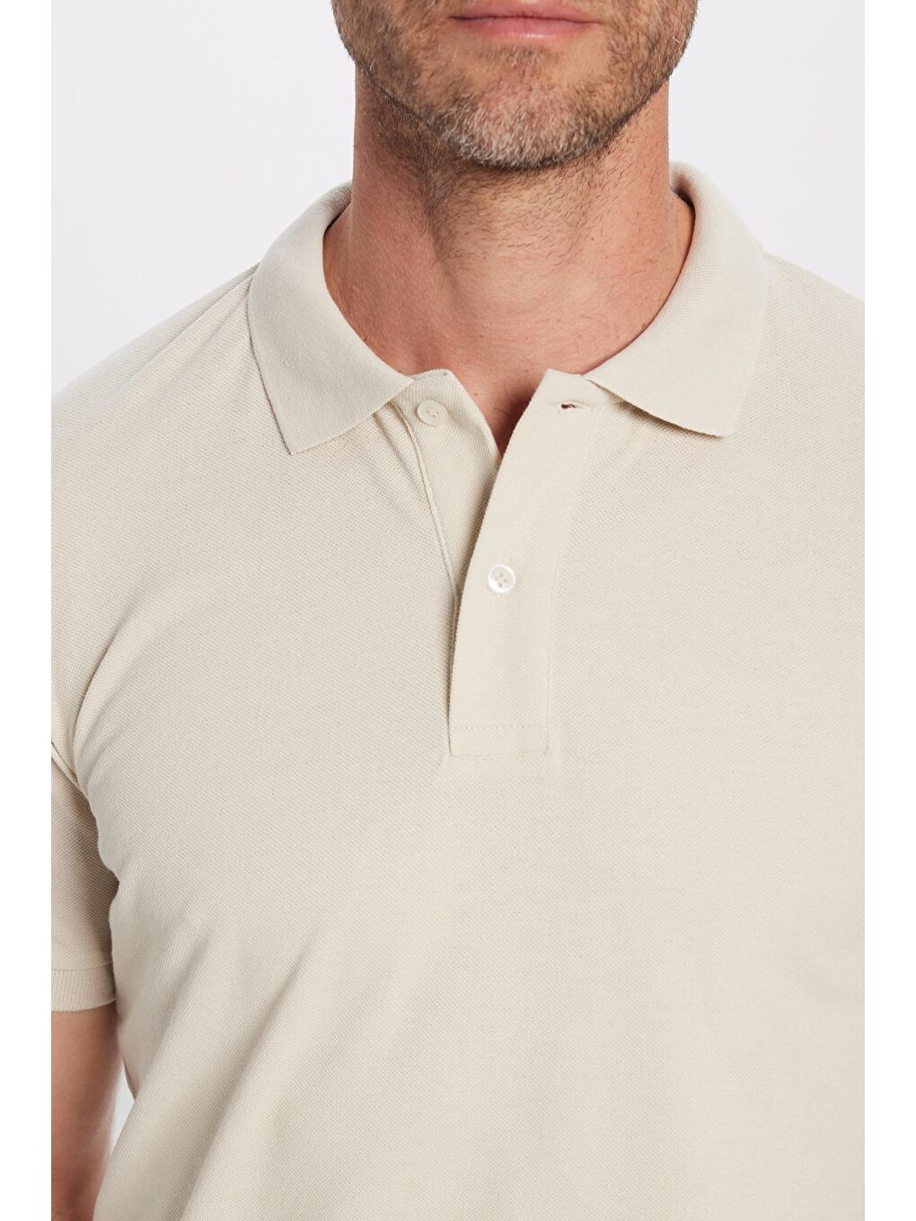 Bej Erkek Slim Fit Dar Kesim Pamuklu Yumuşak Dokulu Serin Tutan Kumaş Düz Pike Polo Yaka Tişört-2