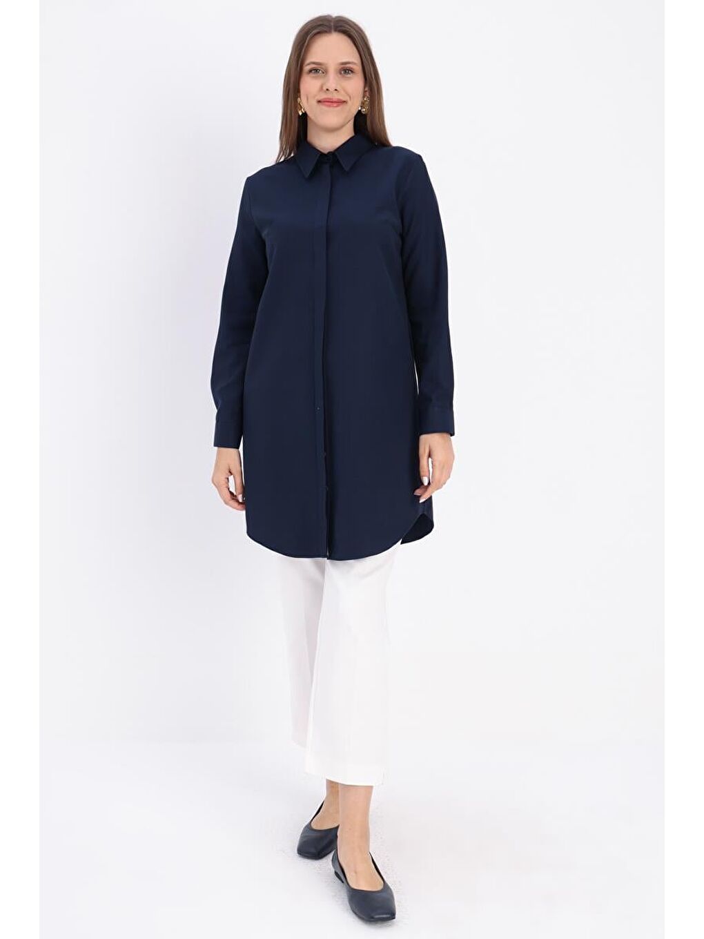 Lacivert Basic Gizli Patlı Gömlek Tunik-1