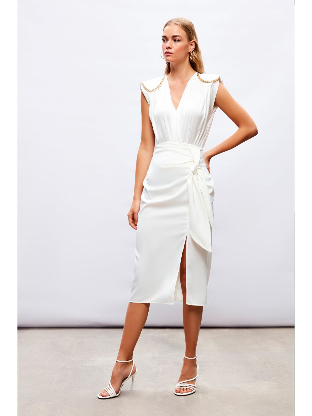 Bağlamalı Saten Etek - Ekru-3