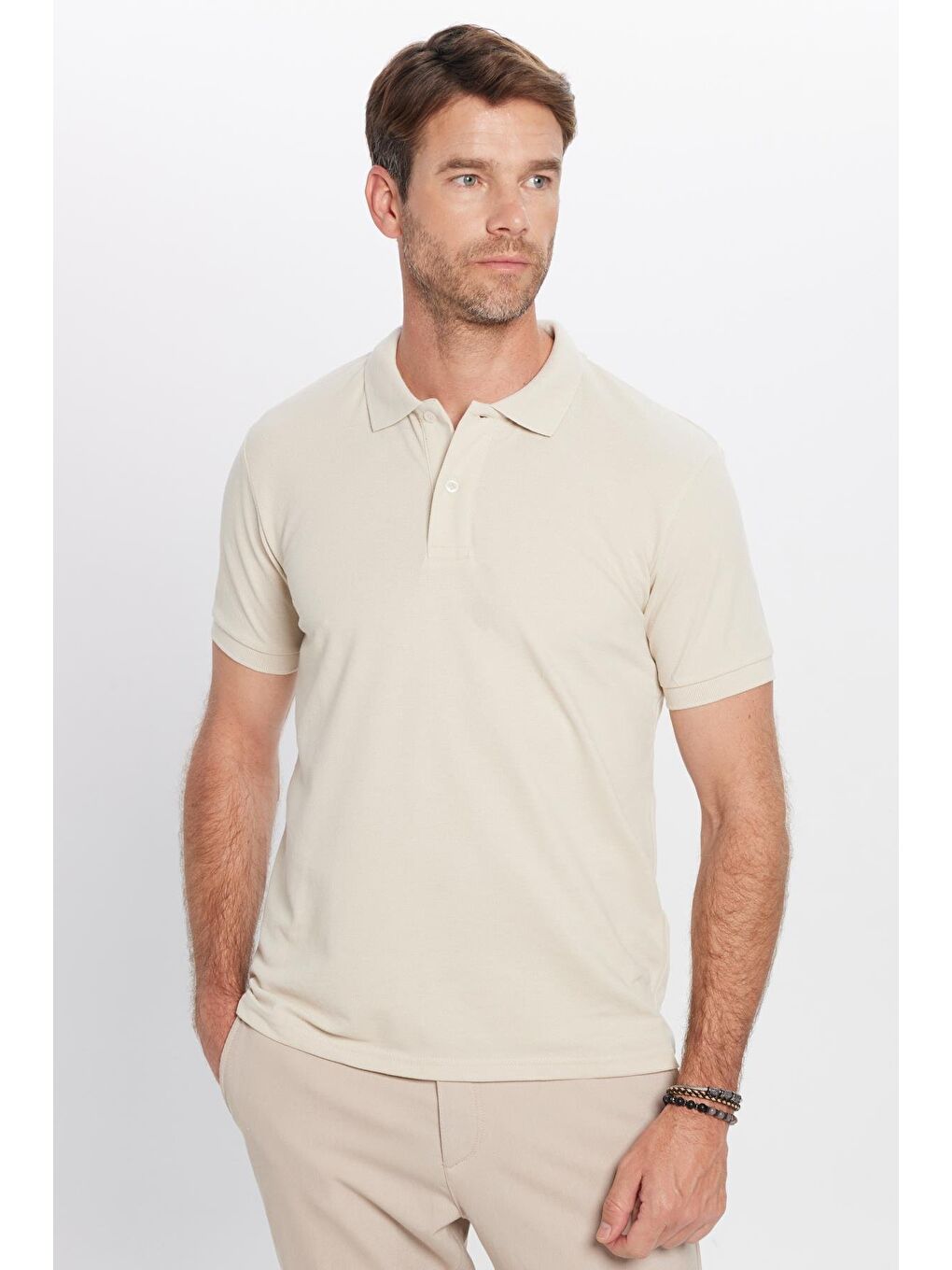 Bej Erkek Slim Fit Dar Kesim Pamuklu Yumuşak Dokulu Serin Tutan Kumaş Düz Pike Polo Yaka Tişört-3