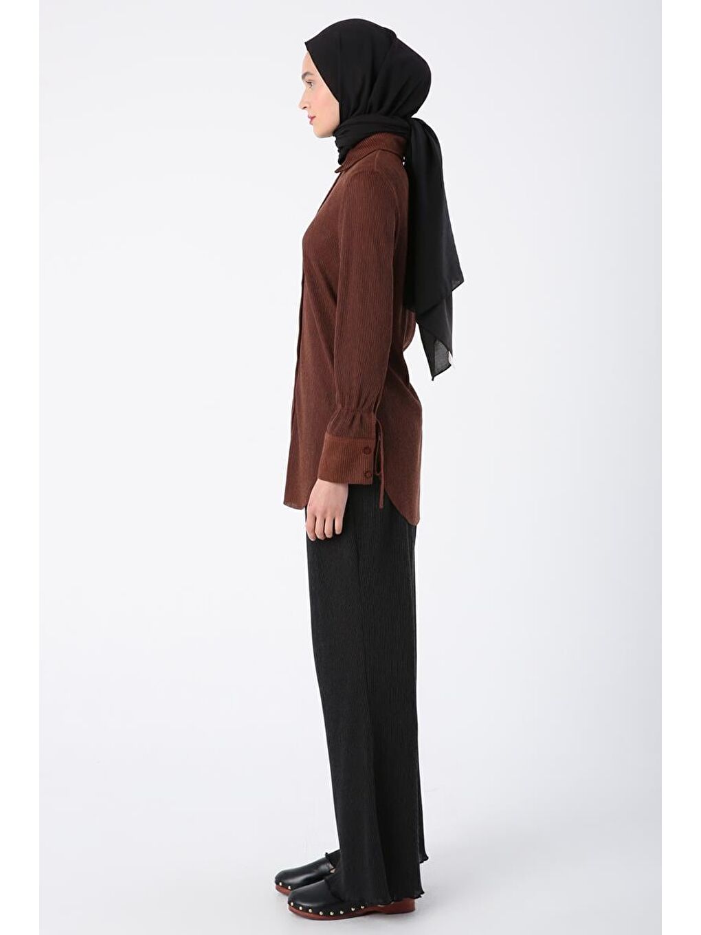 Kahverengi Piliseli Kolları Bağcık Detaylı Gömlek Tunik-2