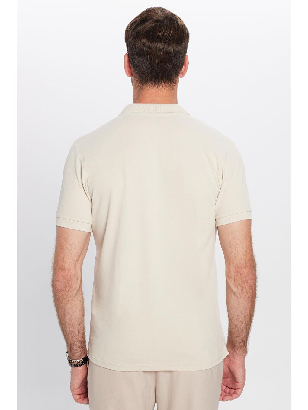 Bej Erkek Slim Fit Dar Kesim Pamuklu Yumuşak Dokulu Serin Tutan Kumaş Düz Pike Polo Yaka Tişört-4