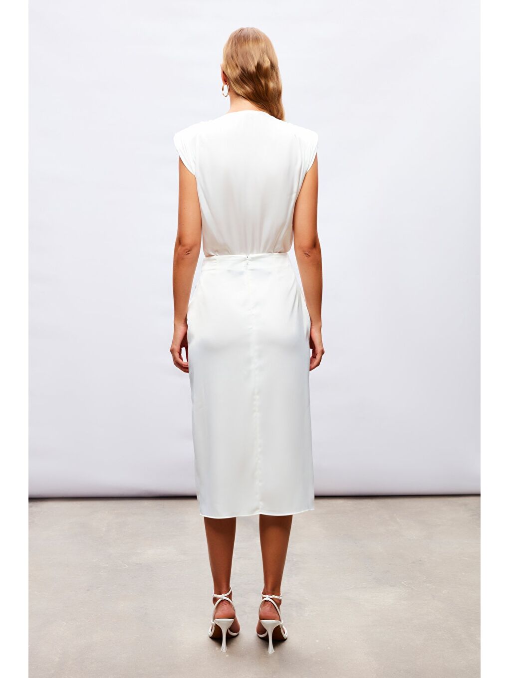 Bağlamalı Saten Etek - Ekru-6