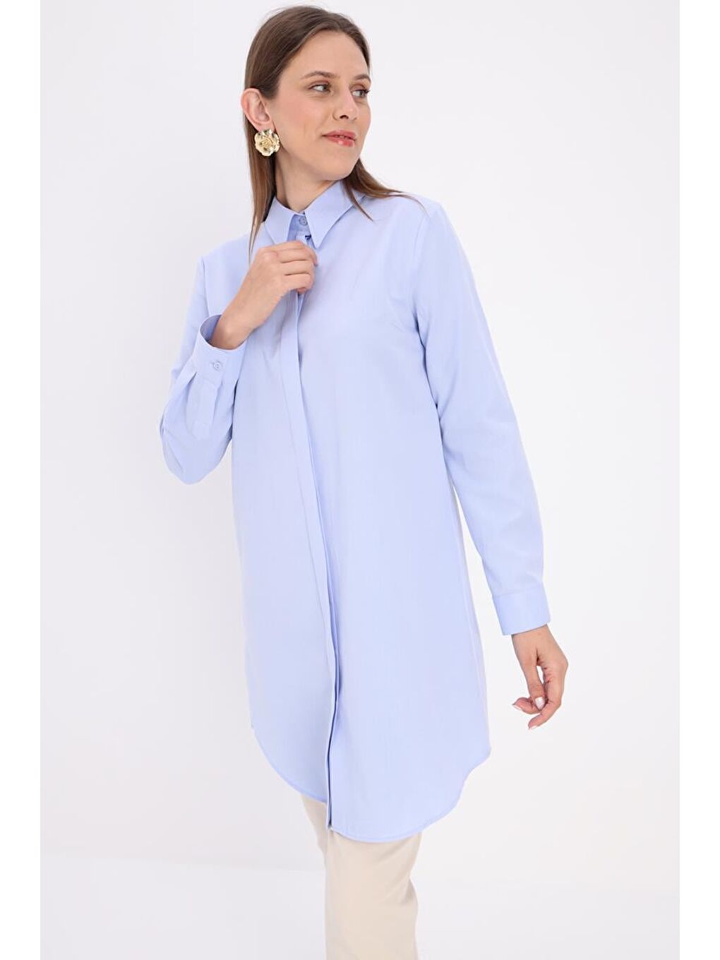 Mavi Basic Gizli Patlı Gömlek Tunik
