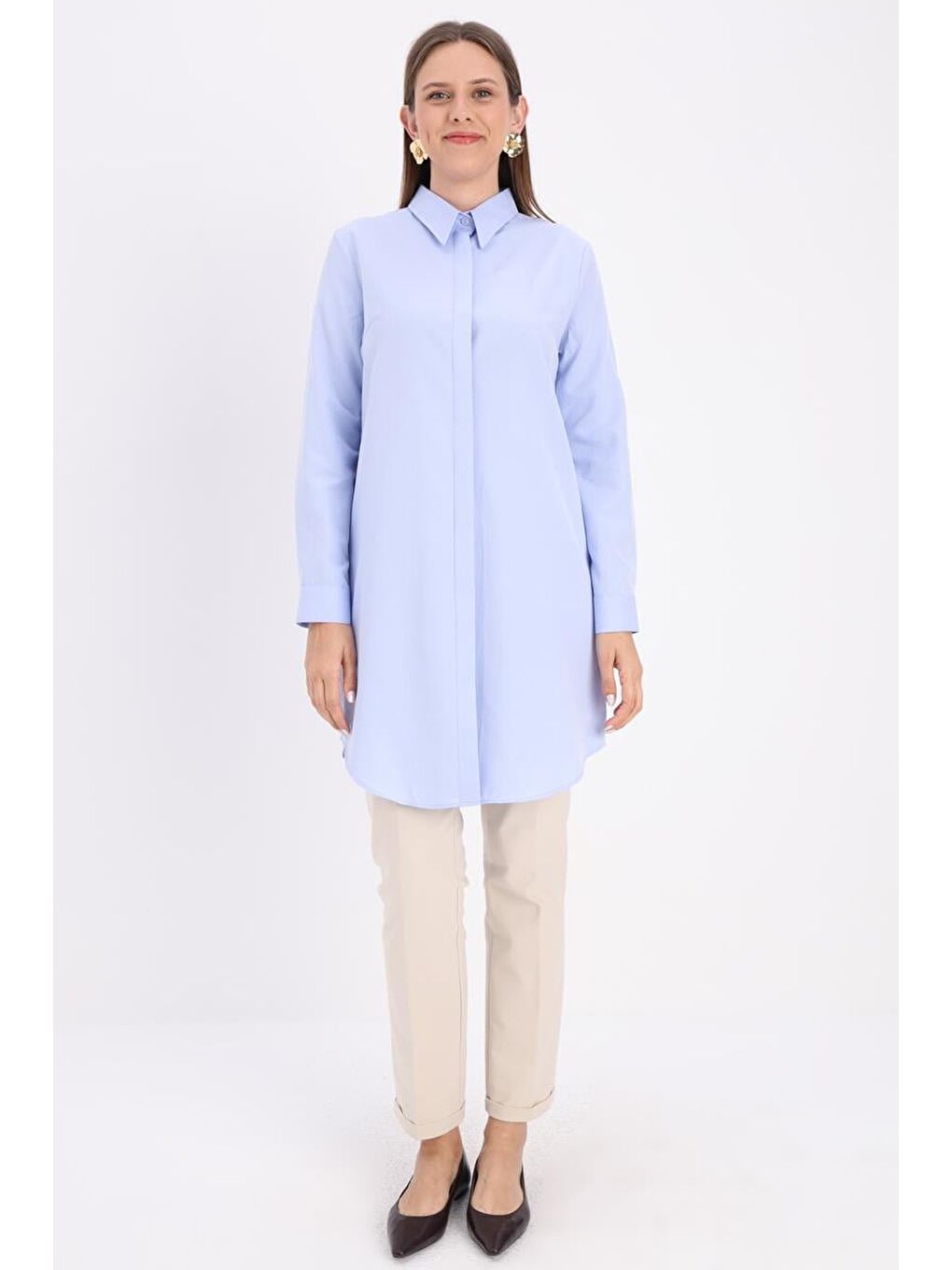 Mavi Basic Gizli Patlı Gömlek Tunik-1