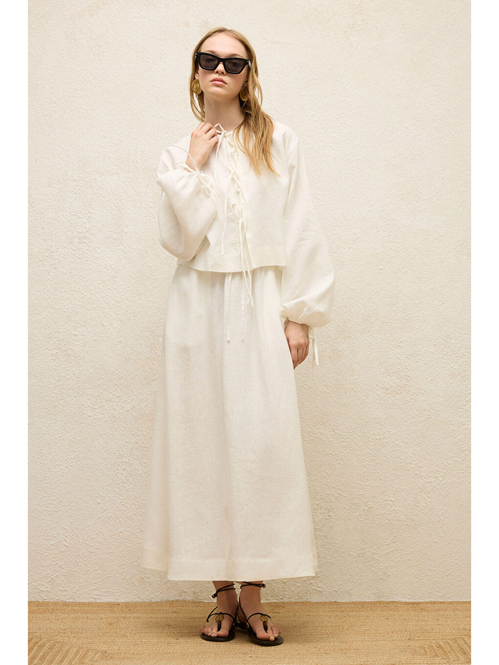 Keten Bağcık Detaylı Bluz Ekru-3