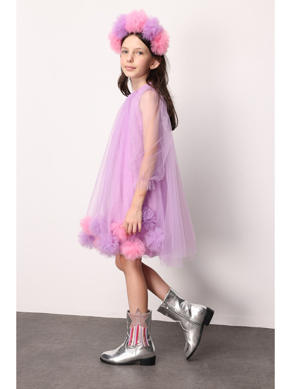 Fuşya Uzun Kollu Etek Ucu Ponpon Detaylı Kız Çocuk Elbise - Kathy-2