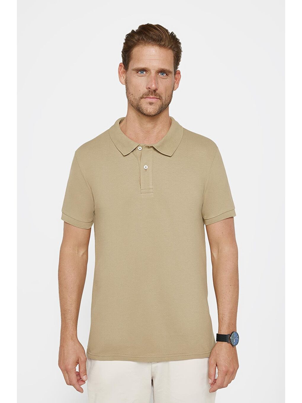 Erkek Slim Fit Dar Kesim %100 Pamuk Düz Pike Kahverengi Polo Yaka Tişört-1