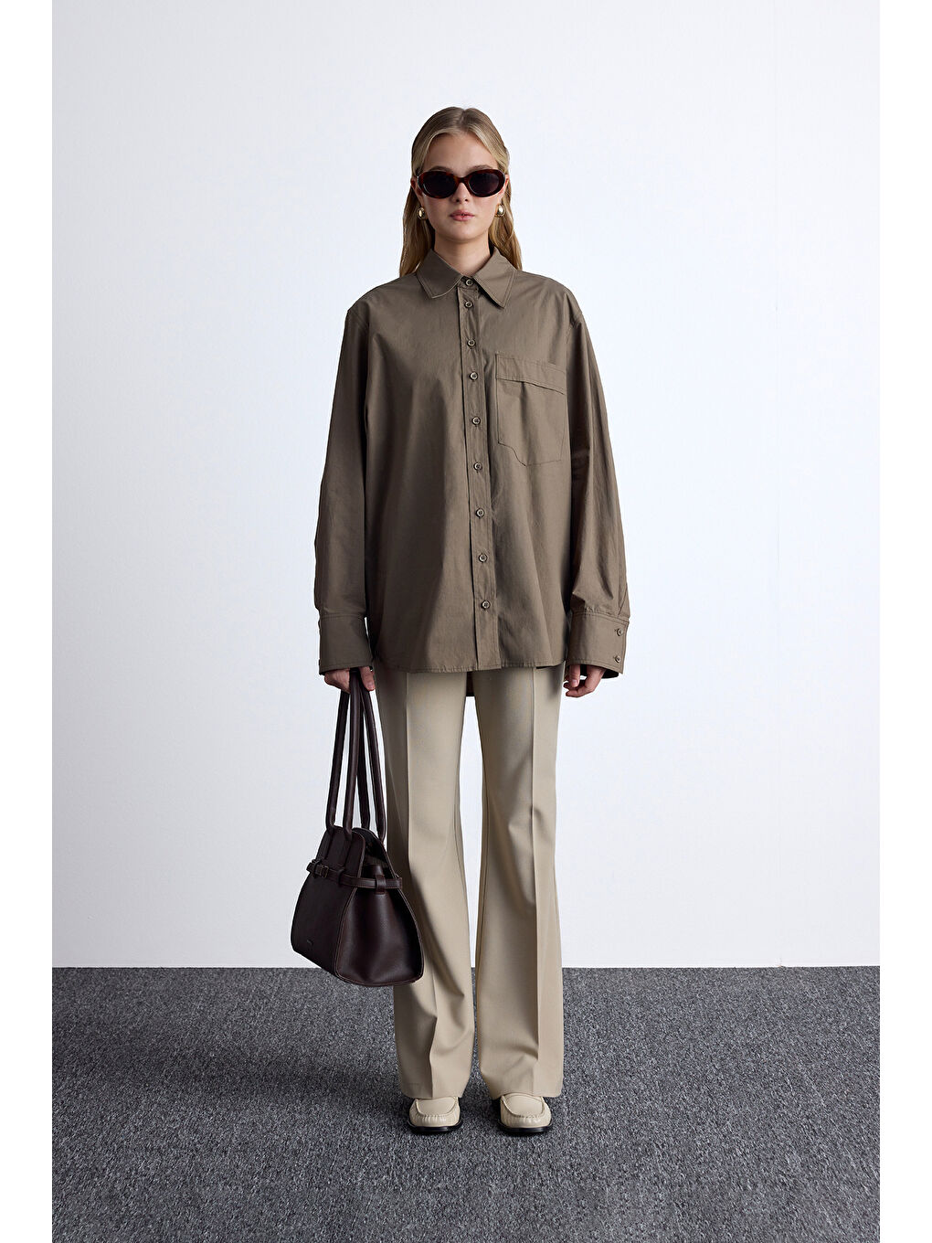 Pile Detaylı Oversıze Gömlek Haki