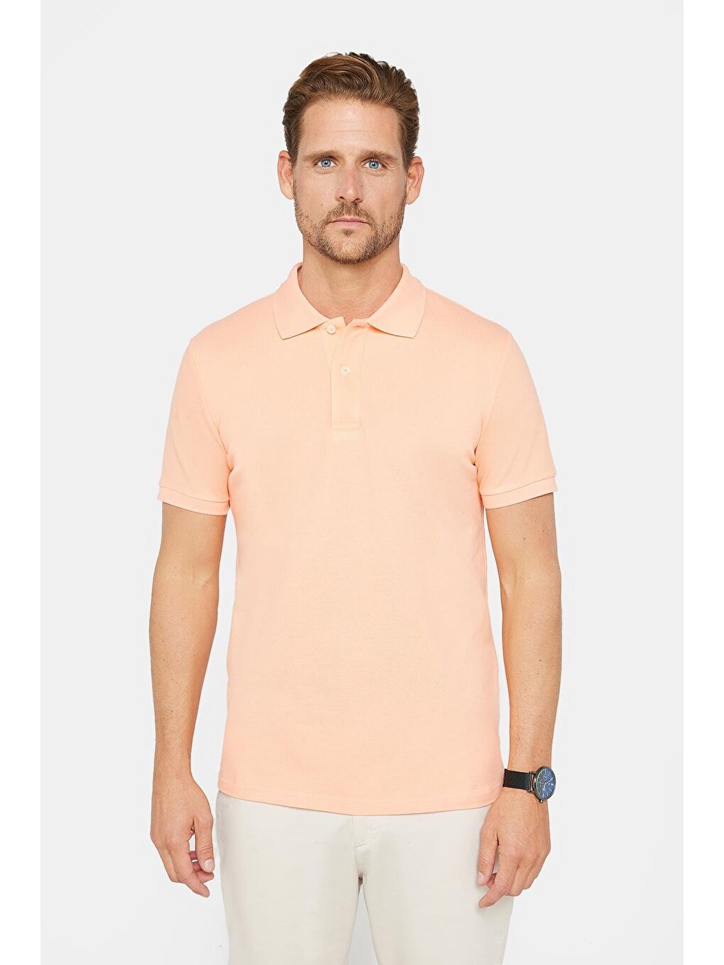Pembe Erkek Slim Fit Dar Kesim %100 Pamuk Düz Pike Somon Polo Yaka Tişört-1