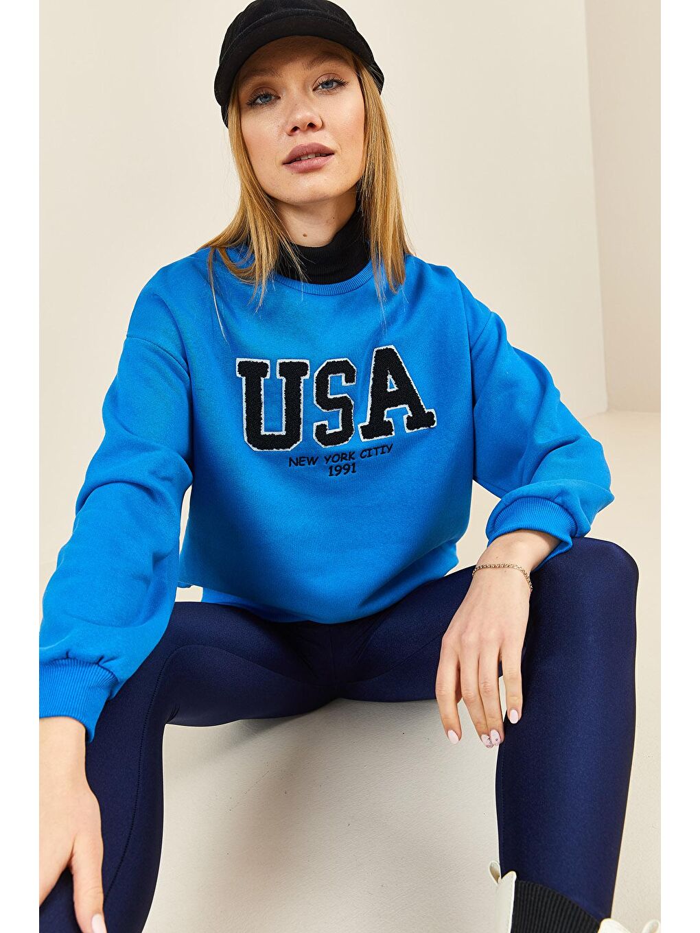 Mavi Puch Baskılı Bisiklet Yaka Sweatshirt 3KXK8-46640-12