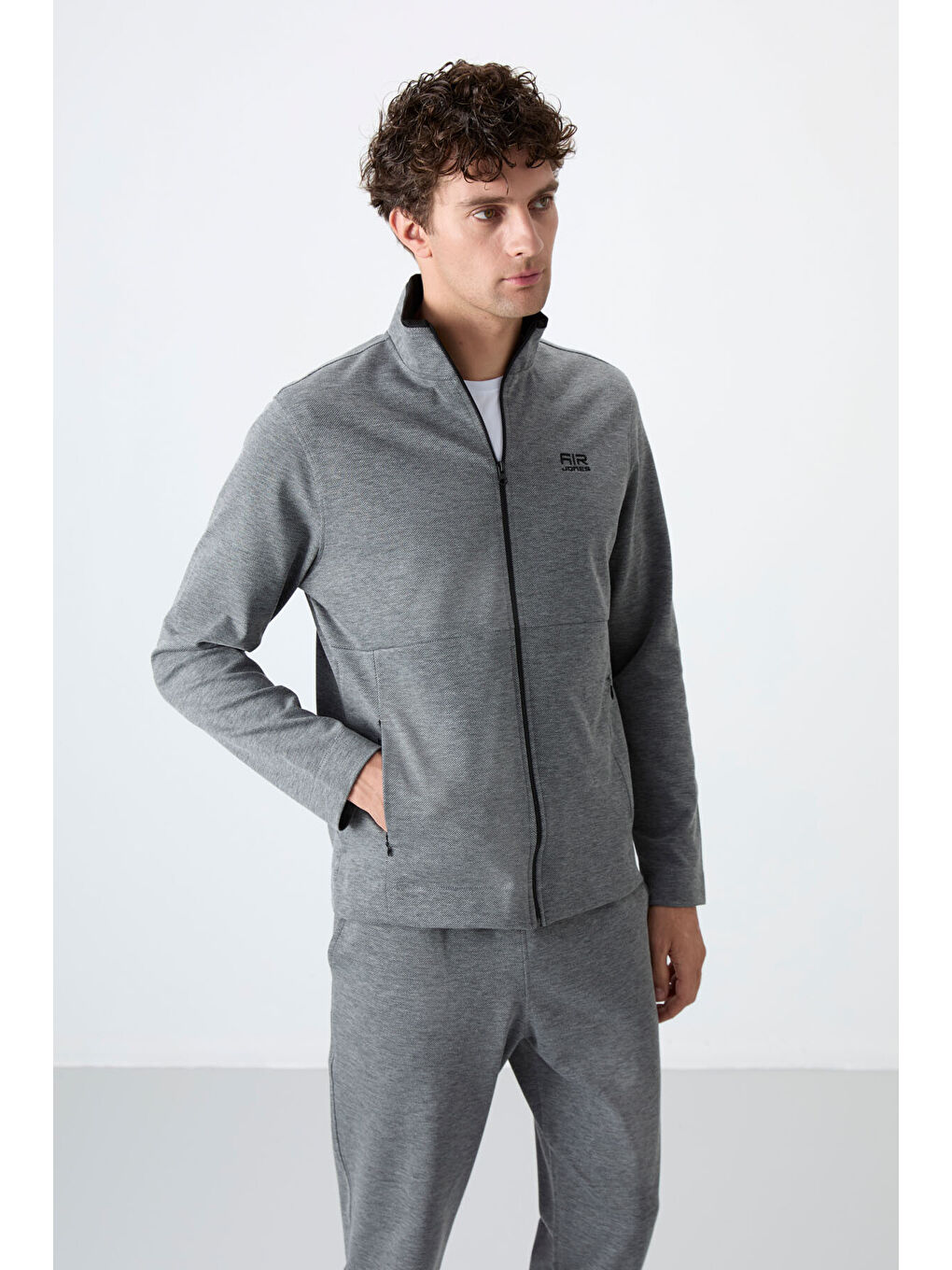 Gri Melanj Dik Yaka Gizli Cep Detaylı Standart Kalıp Erkek Eşofman Takım - 85209-1