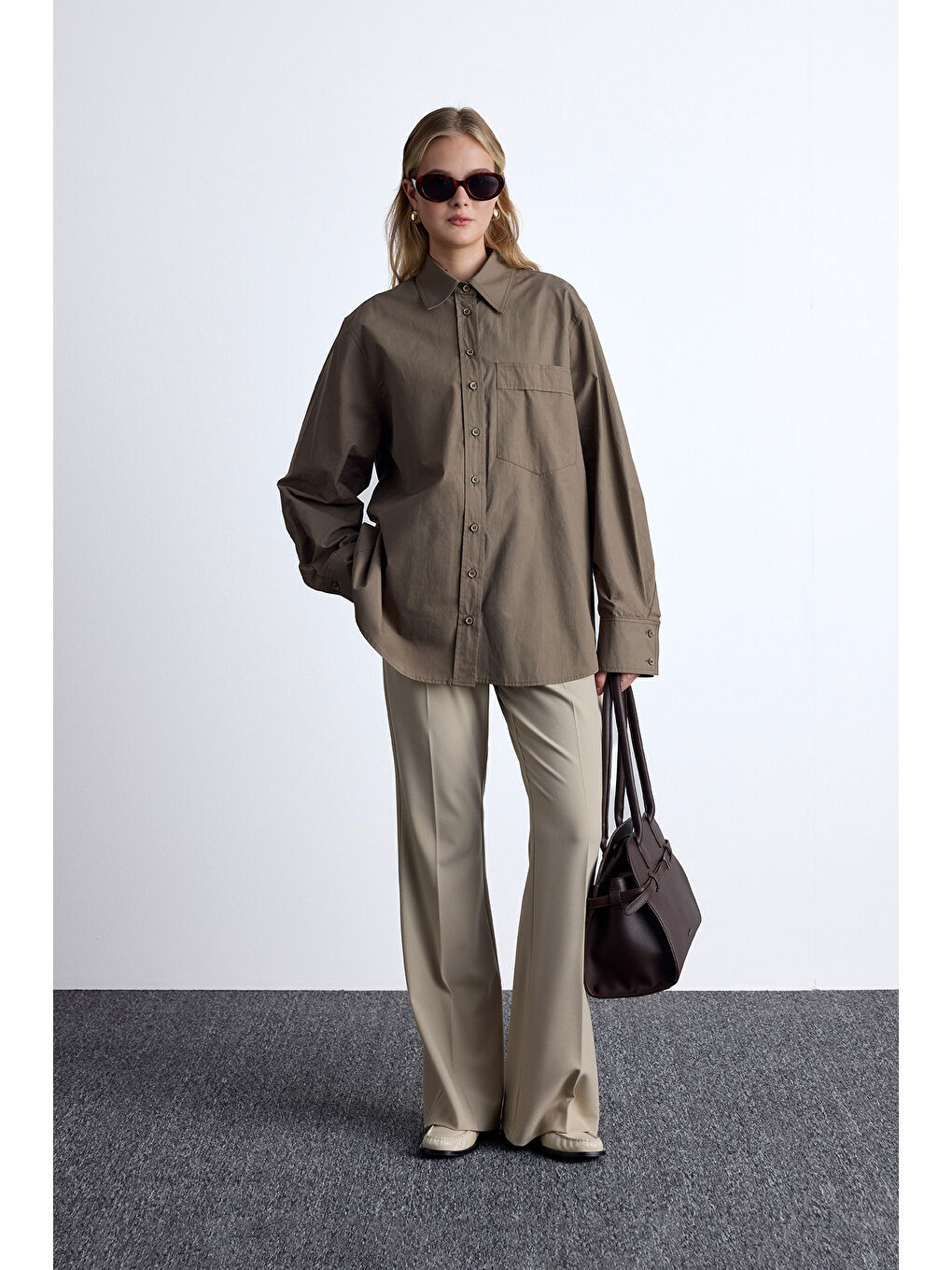 Pile Detaylı Oversıze Gömlek Haki-1