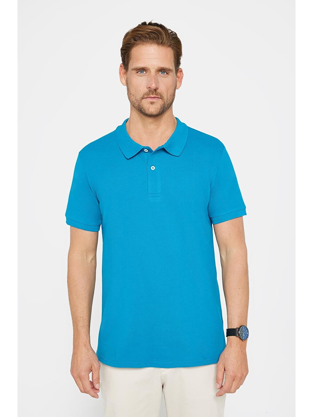 Erkek Slim Fit Dar Kesim %100 Pamuk Düz Pike Mavi Polo Yaka Tişört-1