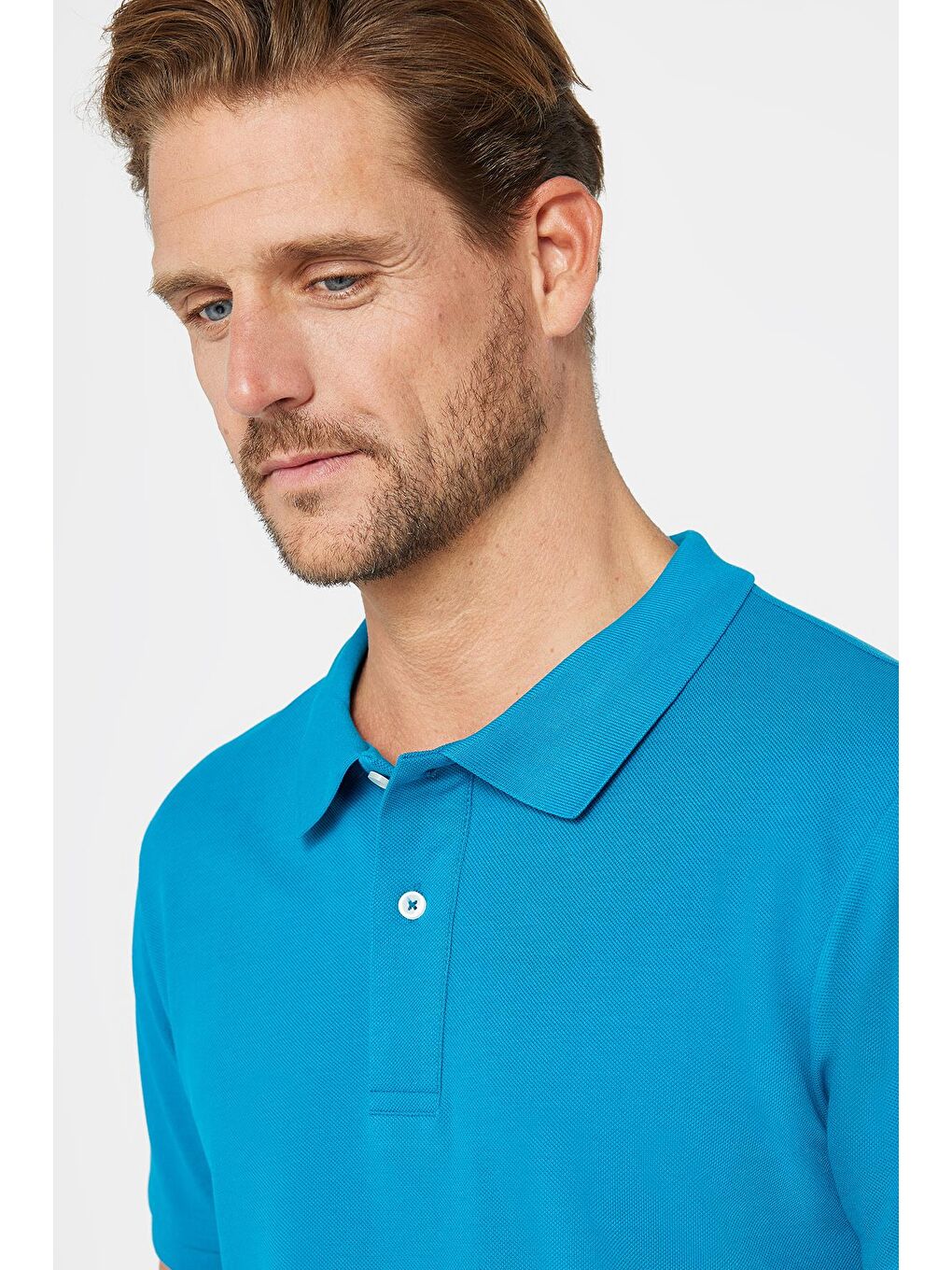 Erkek Slim Fit Dar Kesim %100 Pamuk Düz Pike Mavi Polo Yaka Tişört-2