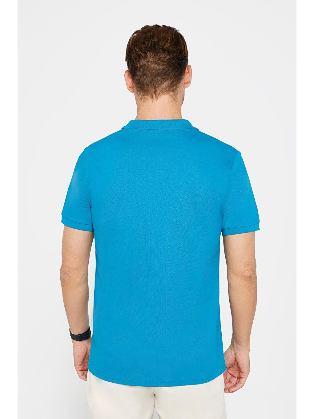 Erkek Slim Fit Dar Kesim %100 Pamuk Düz Pike Mavi Polo Yaka Tişört-4