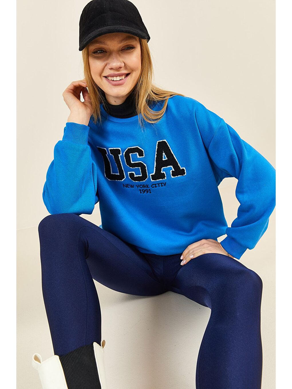 Mavi Puch Baskılı Bisiklet Yaka Sweatshirt 3KXK8-46640-12-1