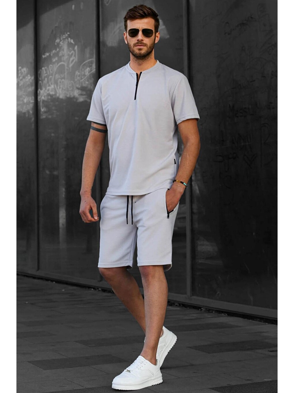 Boyalı Gri Regular Fit Erkek Şort Takımı 6364