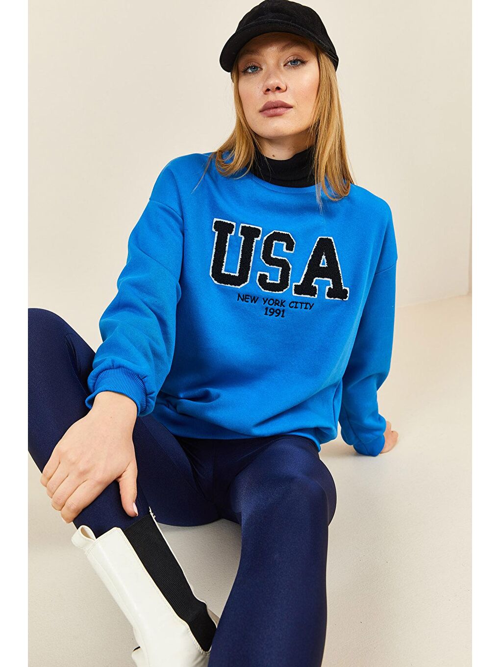 Mavi Puch Baskılı Bisiklet Yaka Sweatshirt 3KXK8-46640-12-2